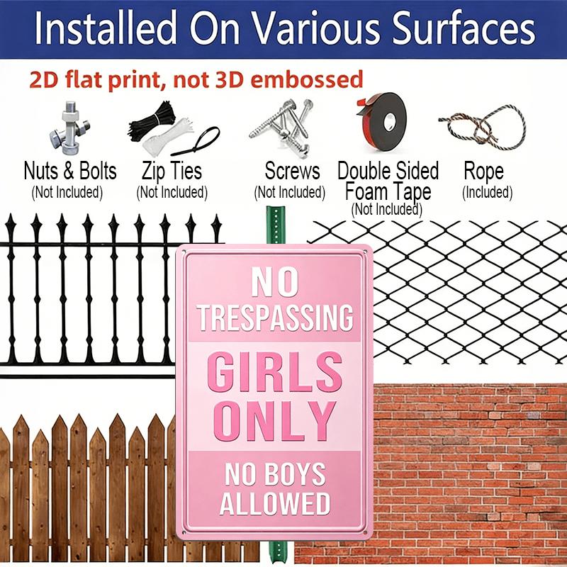 2D Flat Decorative Sign & Plaque, 1pc Fun "No Trespassing Girls Only No Boys Allowed " Aluminum Metal Sign - Light Pink Humorous Wall Decoration for