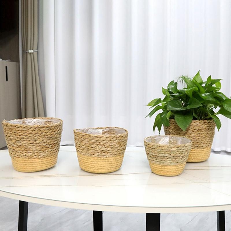 Straw Weaving Plant Pots Containers Hand Woven Plant Pots Cover Leak-Proof Garden Pots Container for Indoor Outdoor Garden