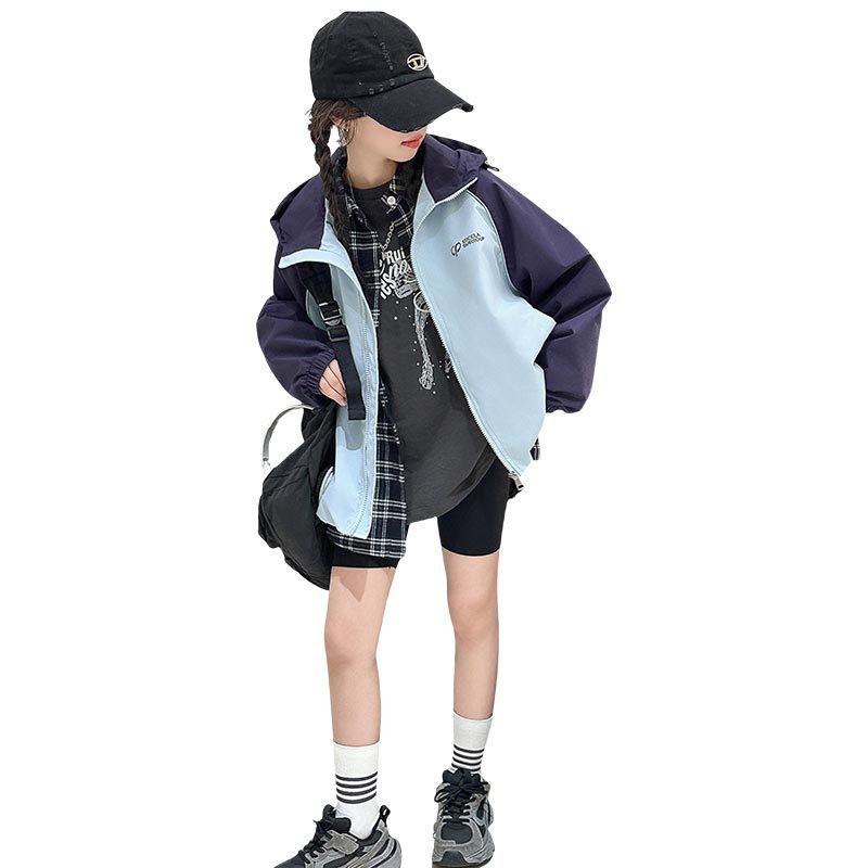 Girls' Color Block Hooded Windbreaker Jacket - 2025 Autumn Trend, Stylish Raglan Sleeve Fashion for Medium & Large Children