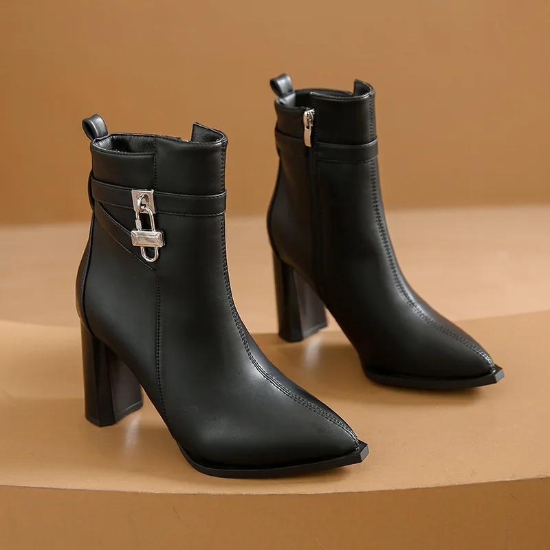 Fashion Women' Ankle Boots Autumn Chunky High Heel Short Boots Fashion Pointed Fashion Side Zipper Platform White Boots