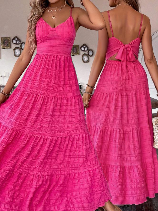 Women's Layered V-Neck Maxi Dress with Thin Straps for Summer Vacation