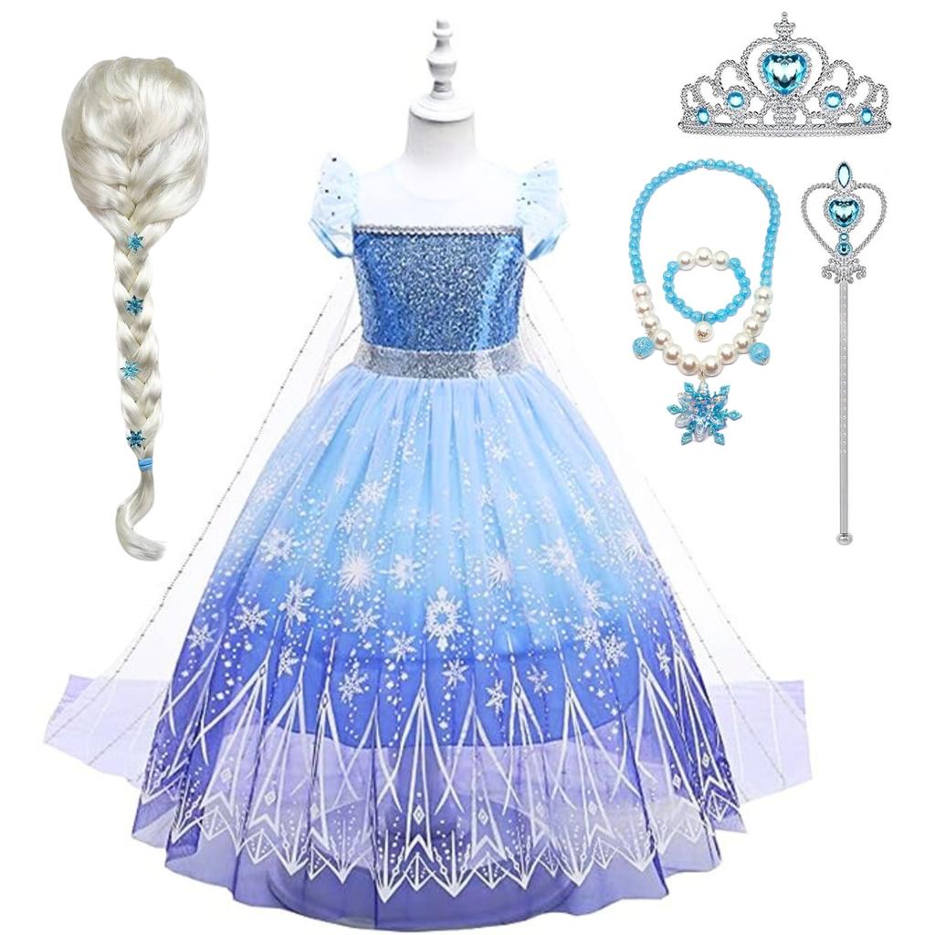 Frozen Elsa Dress Up Set with Wig Crown Wand Accessories Ice Blue White 120cm for Girls 4-5 Years