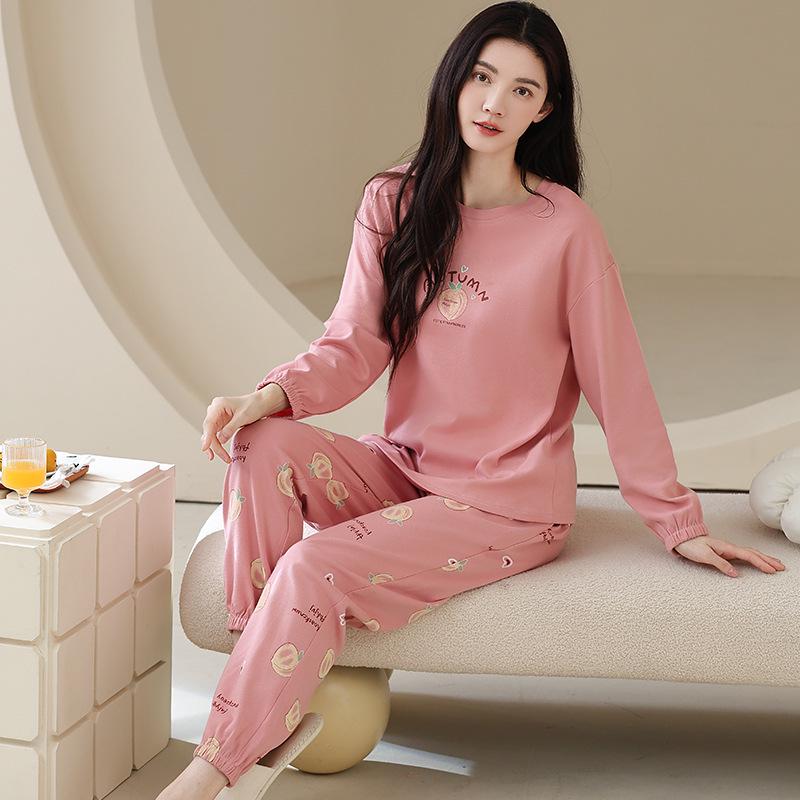100% Cotton Women's Pajama Set – Breathable, Sweat-Absorbent, Long Sleeve Crew Neck for Indoor & Outdoor Wear (Autumn/Winter)
