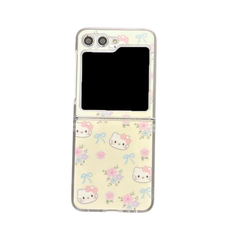Floral bear rabbit design for Samsung Z Flip 3/4/5 and Oppo N3 Flip phone case with card pocket.