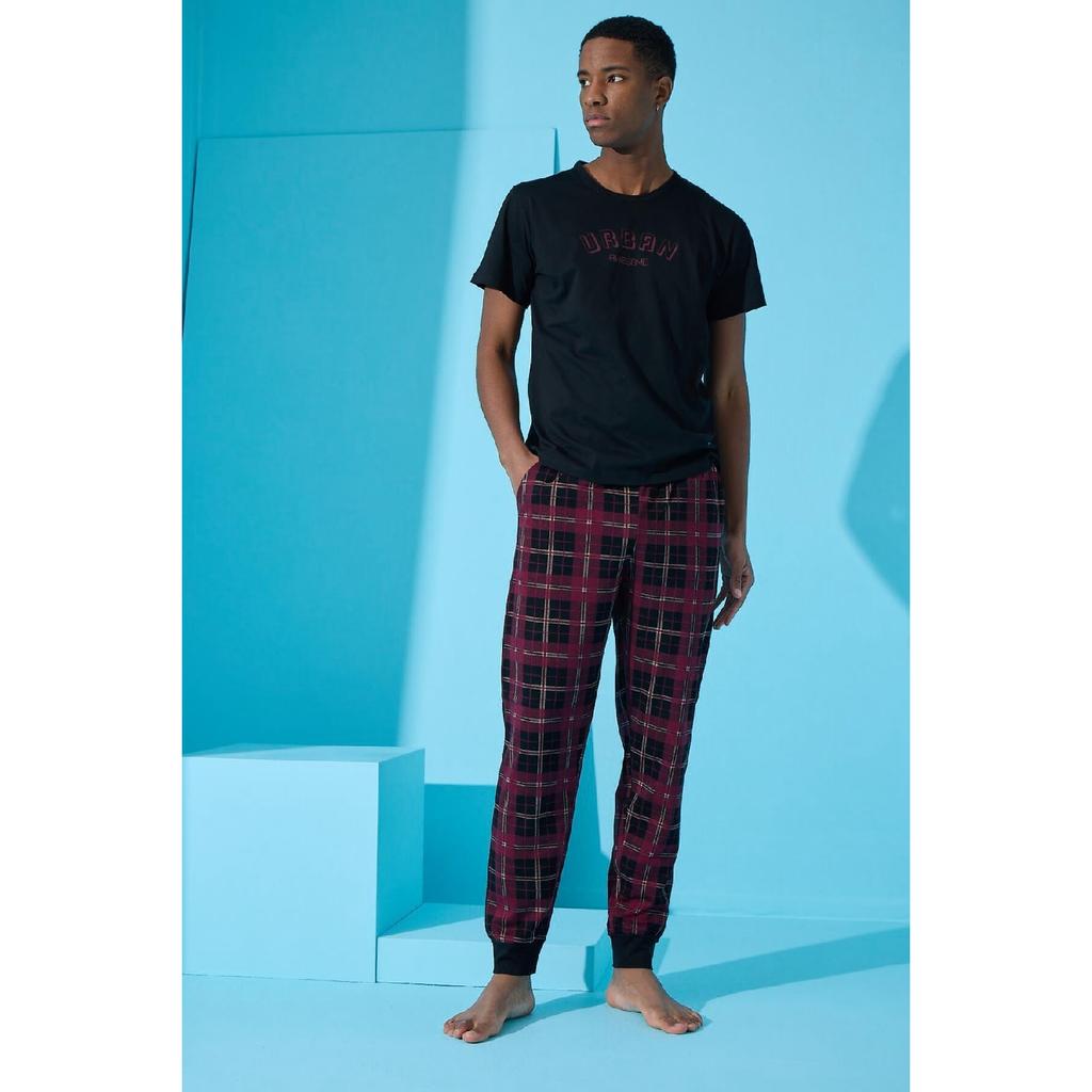 Marineblaues, kurzärmliges Herren-Pyjama-Set mit Urban-Print