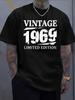 Unisex Short Sleeve Crew Neck Tee Vintage 1969 Limited Distressed Print Cotton Retro Birthday Casual Top For Middle Aged Male Guys