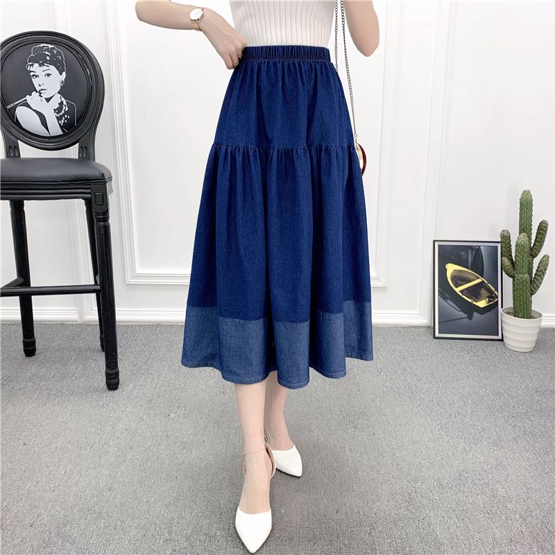 Spring and Summer New Artistic Sweet Elastic High Waist Stitching Blue Mid Length Long Length A- Line Denim Skirt Skirt Women