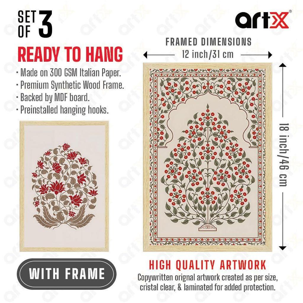 ArtX Paper Madhubani Floral Paintings with Frame for Home Decor Wall Art, Wall Paintings for Living Room, Multicolor, Natural Wood Color Frames