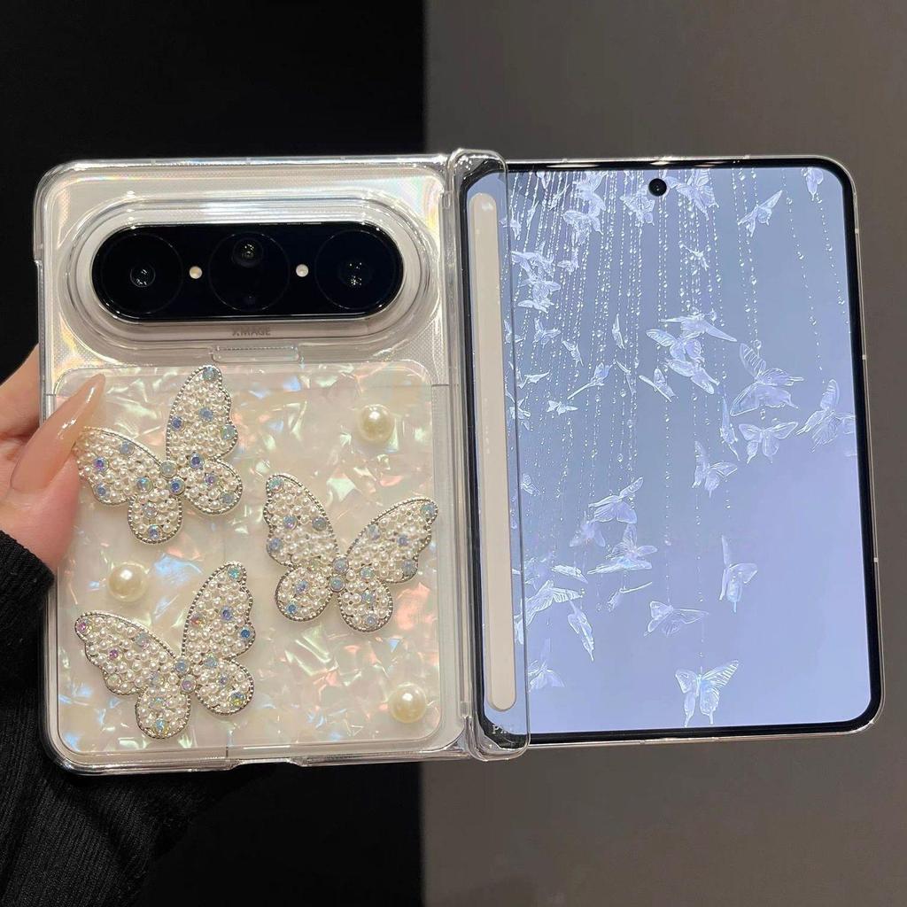 ins shell pattern rhinestone butterfly suitable for Huawei PuraXMax mobile phone case folding double central axis magnetic protective case