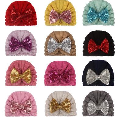 Neue Baby Pailletten Knoten Thermomütze für Herbst und Winter, niedliche Baby Schleife Strickmütze, Kinder Mütze