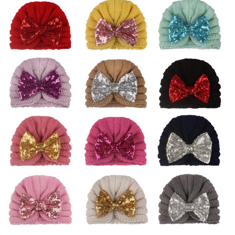 New baby sequined knotted thermal hat in autumn and winter, cute baby bow knitted hat, children's hat