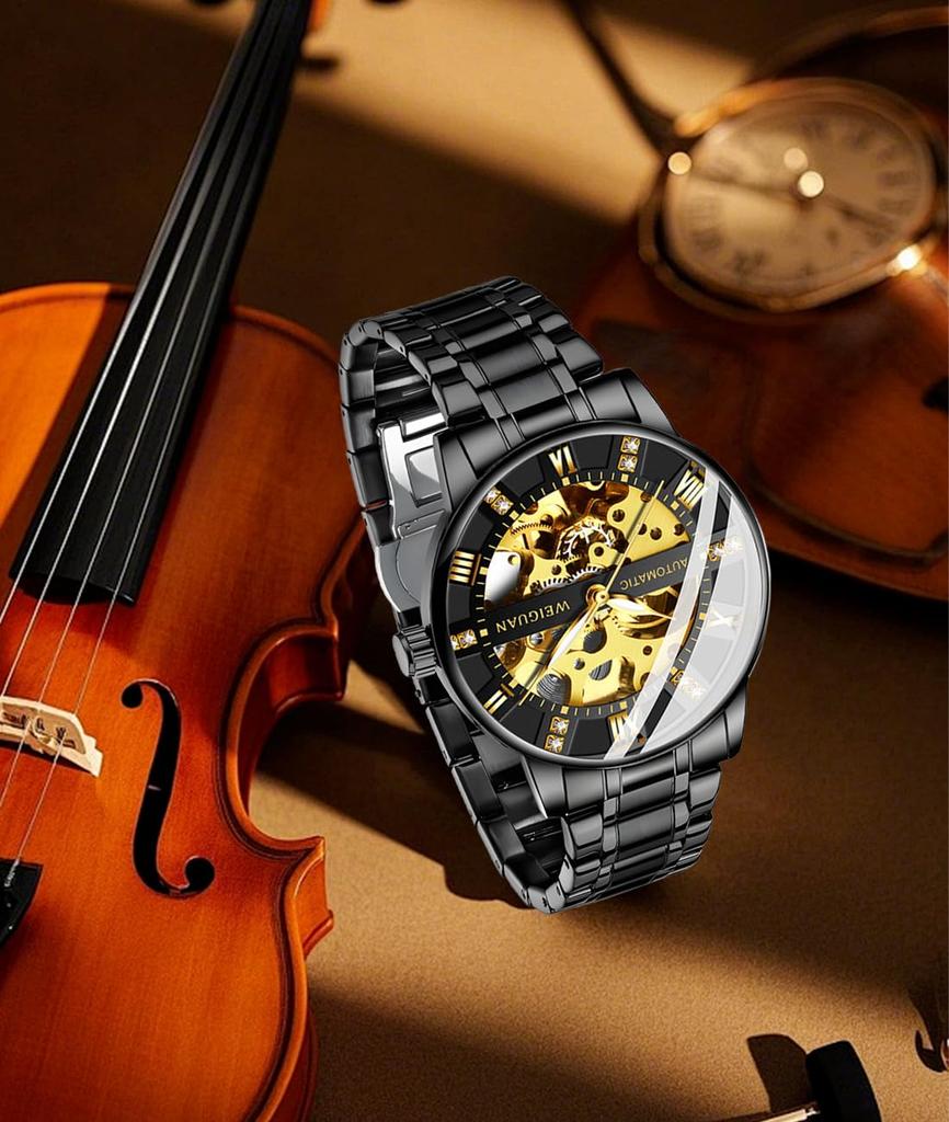 TeamSky Mechanical Automatic Mechanical Roman Stainless Large Day Gift Black Watch, Men's Watch, Steel, Waterproof, Hand-wound Watch, Numerals, Steel,