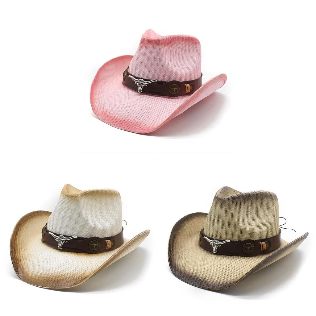 Ethnic Style Cowboy Hat With Breathable Paper Straw For Summer Outdoor Sun Protection