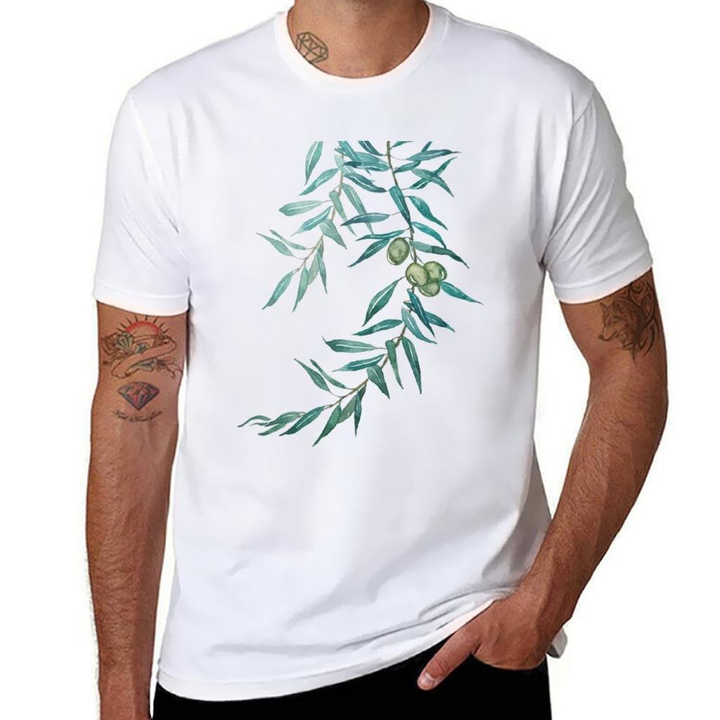 green olive leaf watercolor painting T-Shirt t shirts for man graphic funny anime t shirts oversize T-Shirt