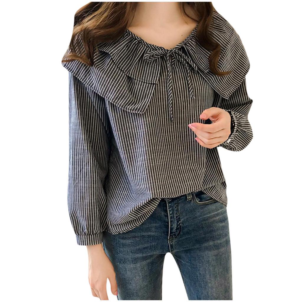 Fashion Women Casual Striped Ladies Long Sleeve Ruffles Loose Tops