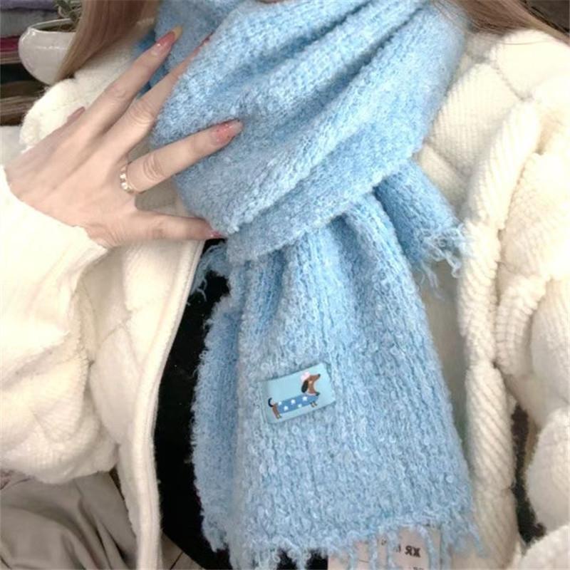 White Wool Knitted Tassel Woolen Scarf for Girls Winter New Versatile Warm Dog Logo Cute Scarf