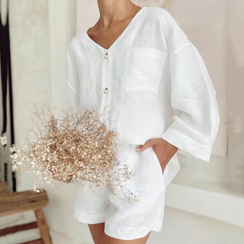 

New Loose-Fitting V-neck Top Shorts Fashion Suit Loose V-neck Top and Shorts Suit White S
