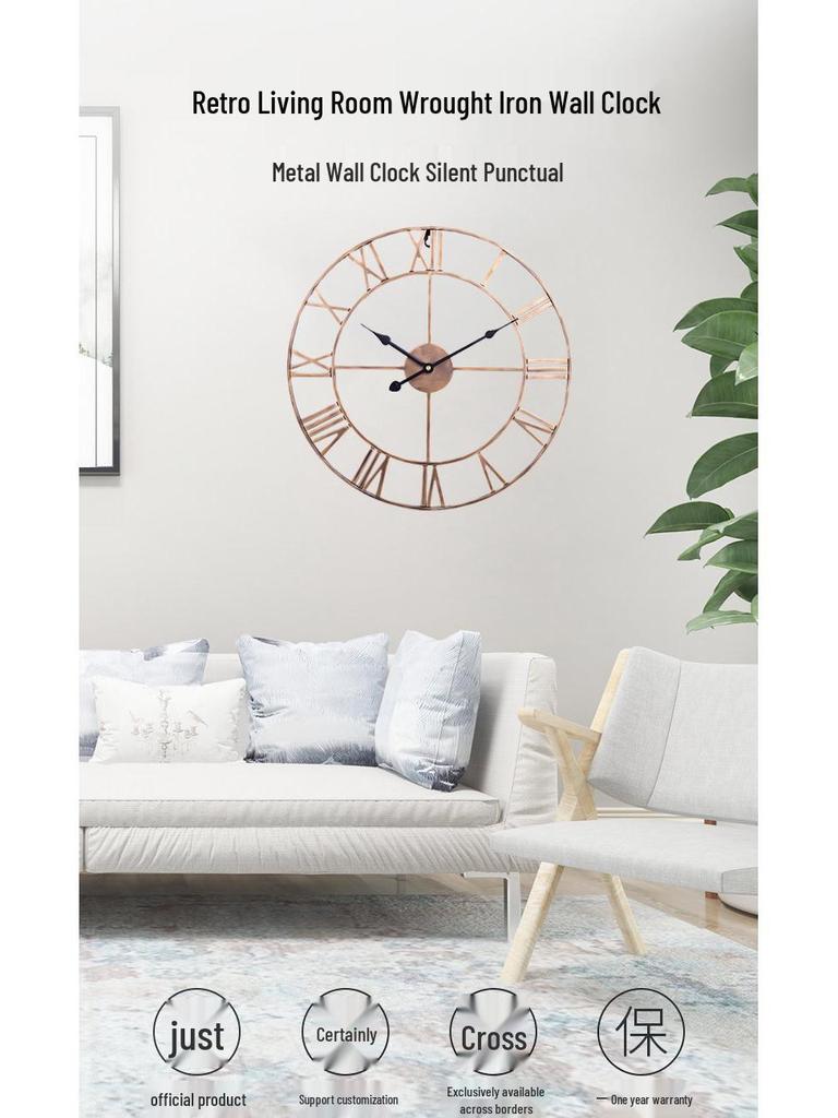 Nordic Retro Wrought Iron Wall Clock: Silent Round Roman Numerals for Living Room Decor