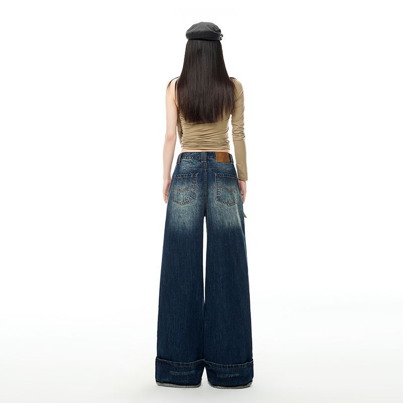 Spring Summer Dark Blue Vintage Cuffed Niche High Waist Fashion Wide Leg Denim Pants For Women Casual Pants Oversize Denim Trousers