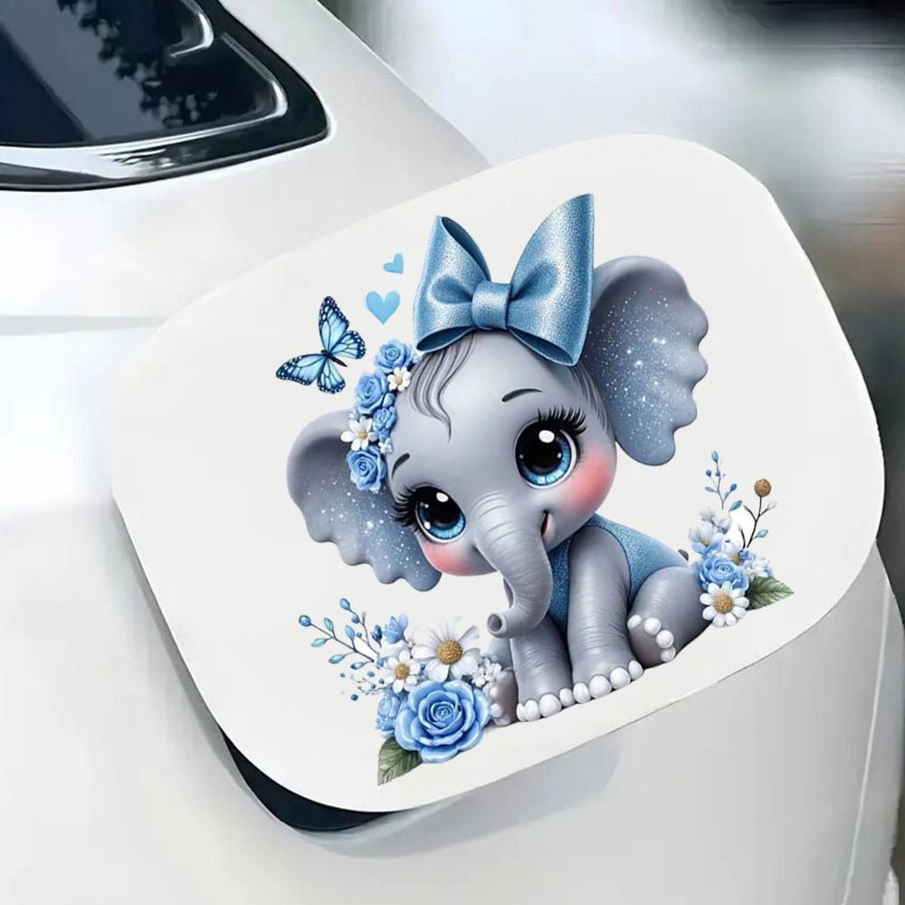 QT2340#15cm Gray Elephant With Blue Bow And Floral Decoration, Car Sticker for Laptop, Truck,Motorcycle, Window