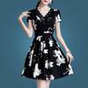 Summer New Tie-Up Slim Fit Printed V-Neck Ruched Waist Dress for Women