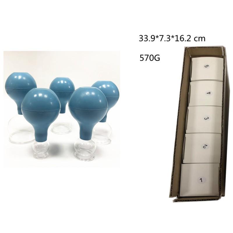 Five-Piece Blue Rubber Cupping Set - Glass Jars for Body Moisture Absorption