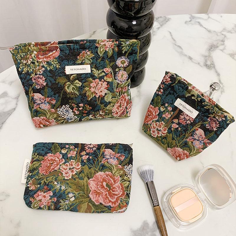 INS Style Vintage Flowers Cosmetic Bag Portable Hand Cosmetic Bag Travel Out Toiletries Storage Bag Makeup Tools Storage Pouch
