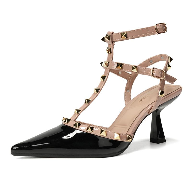 High heels are not tired of feet, women's thin heels, high-end temperament, rivets, trip straps, Warren, the same pointed single shoes are versatile f