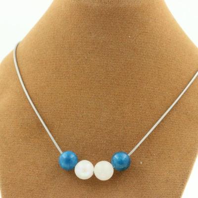 Stones and Minerals. Moonstone + Apatite 8 Mm Pearl Necklace. Steel Chain Necklace Women, Men. Customizable Size.