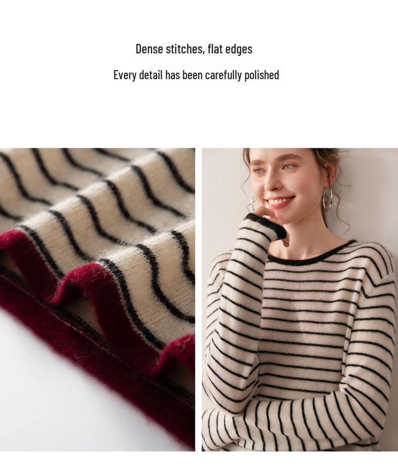 2025 Autumn/Winter Women's Color Block Stripe Cashmere Sweater - Loose Knit Round Neck Long Sleeve Fashion Base Layer