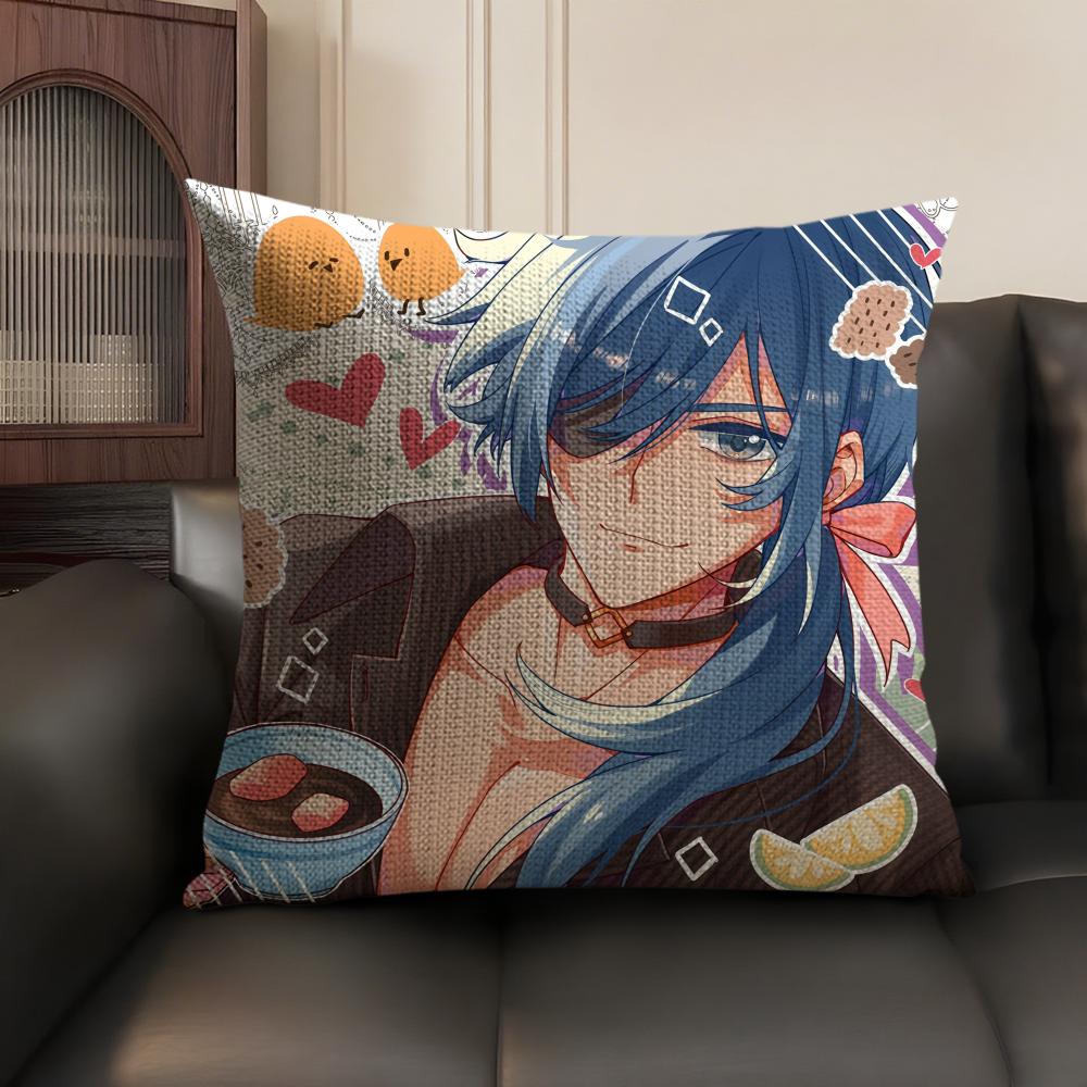 Kaeya Cute Genshin Impact Cushion Cover Natural Linen Organic Fabric Double-Sided Printing Sofa Home Decor Gift Pillow Case