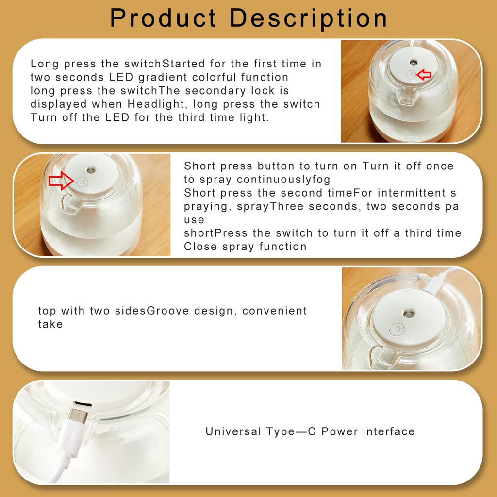 Nawilżacz powietrza 650ML Olejek eteryczny Dom Sypialnia Dyfuzor aromaterapii Z kolorowymi lampkami nocnymi Nawilżacz USB Przenośny nawilżacz