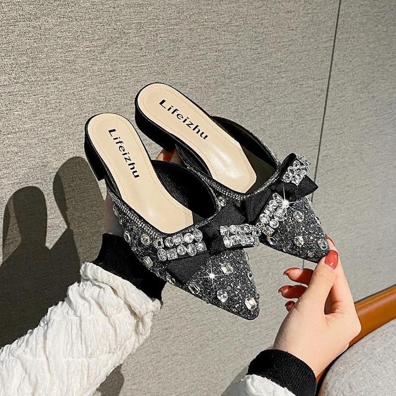 2026 New Women Summary Shoes Slipper Girl Sweet Crystal Bowknot Bling Casual Sandals Heels Mules Shoes