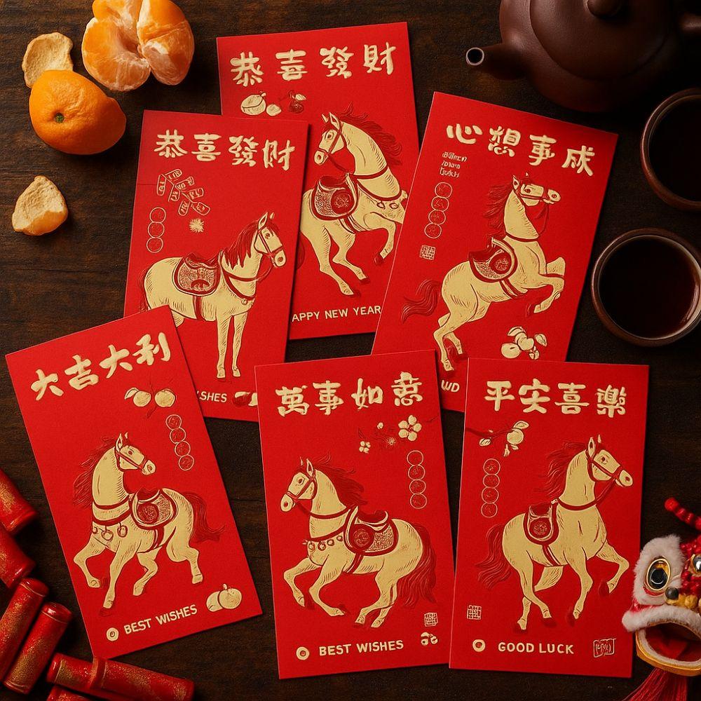 6pcs Gold Stamping 2026 New Year Red Envelope Blessing Lucky Red Pocket Festival Decoration