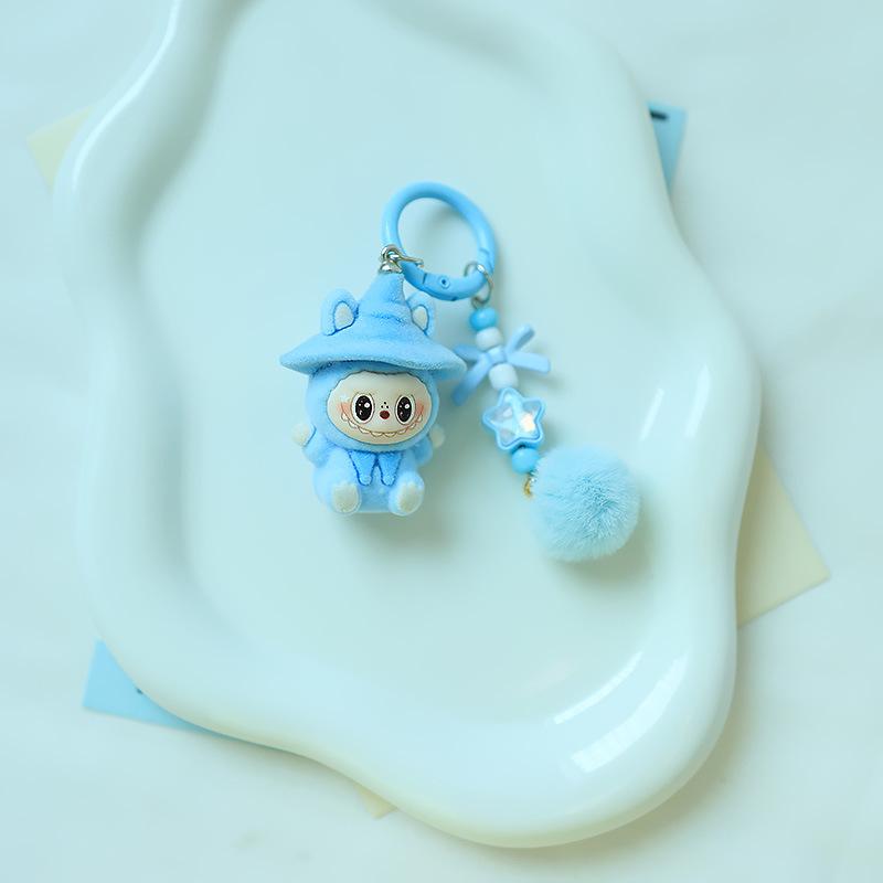 1 Piece Cartoon Flocking Wizard Labubu Keychain Cute Bag Hanging Pendant Backpack Earphone Case Decoration Birthday Gifts