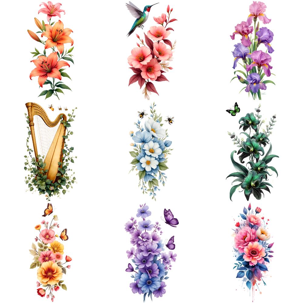 9pcs Temporary Tattoo Floral Arrangement With Hummingbird Colorful Peacock And Flowers Green Flower With Butterfly For