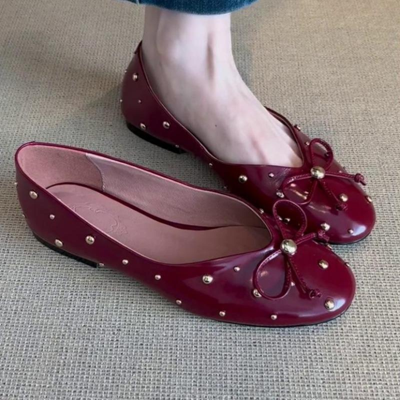 Round Toe Ballet Flats Shoes for Women with Bow 2025 Burgundy Wine White Black