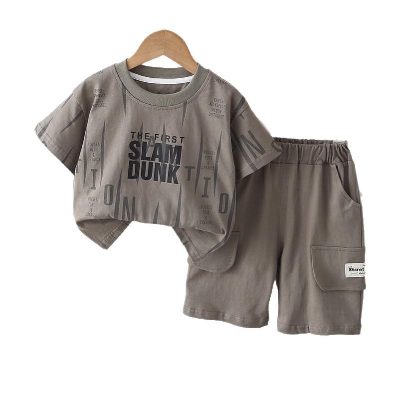 Boys' 2026 Summer Style: Letter Print Cotton Short Sleeve & Vertical Stripe Solid Color Two-Piece Set