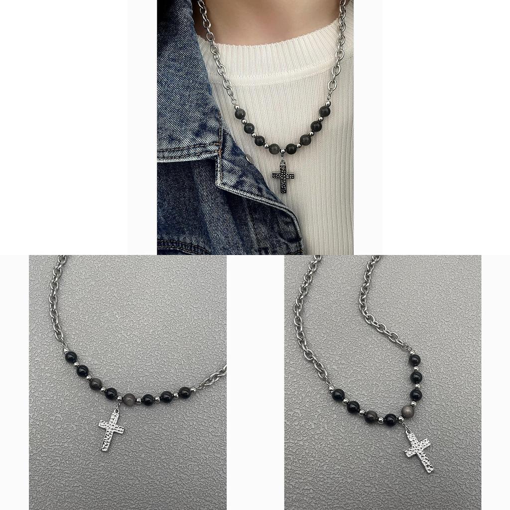 Retro Black Cross Pendant Necklace With Titanium Steel Chain For Street Style Jewelry