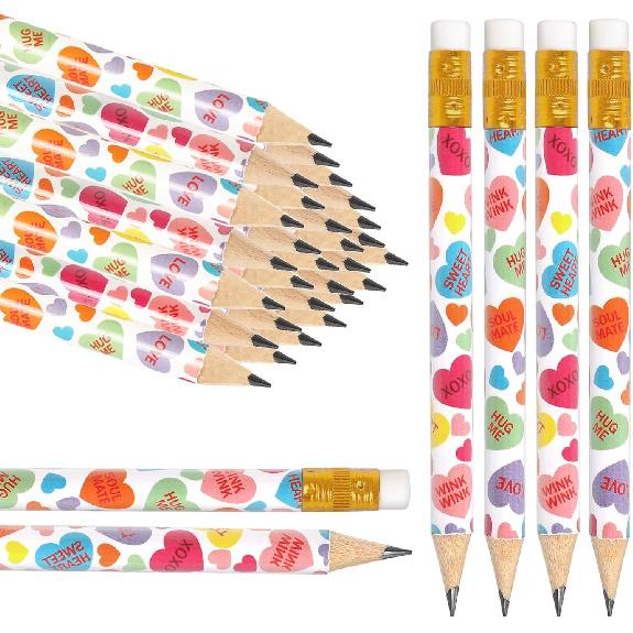 50Pcs Valentine's Day Short Pencil with Erasers 4 Inch Conversation Heart Writing Pencils 2 Styles Colorful Wood Half Pencils for Holiday School