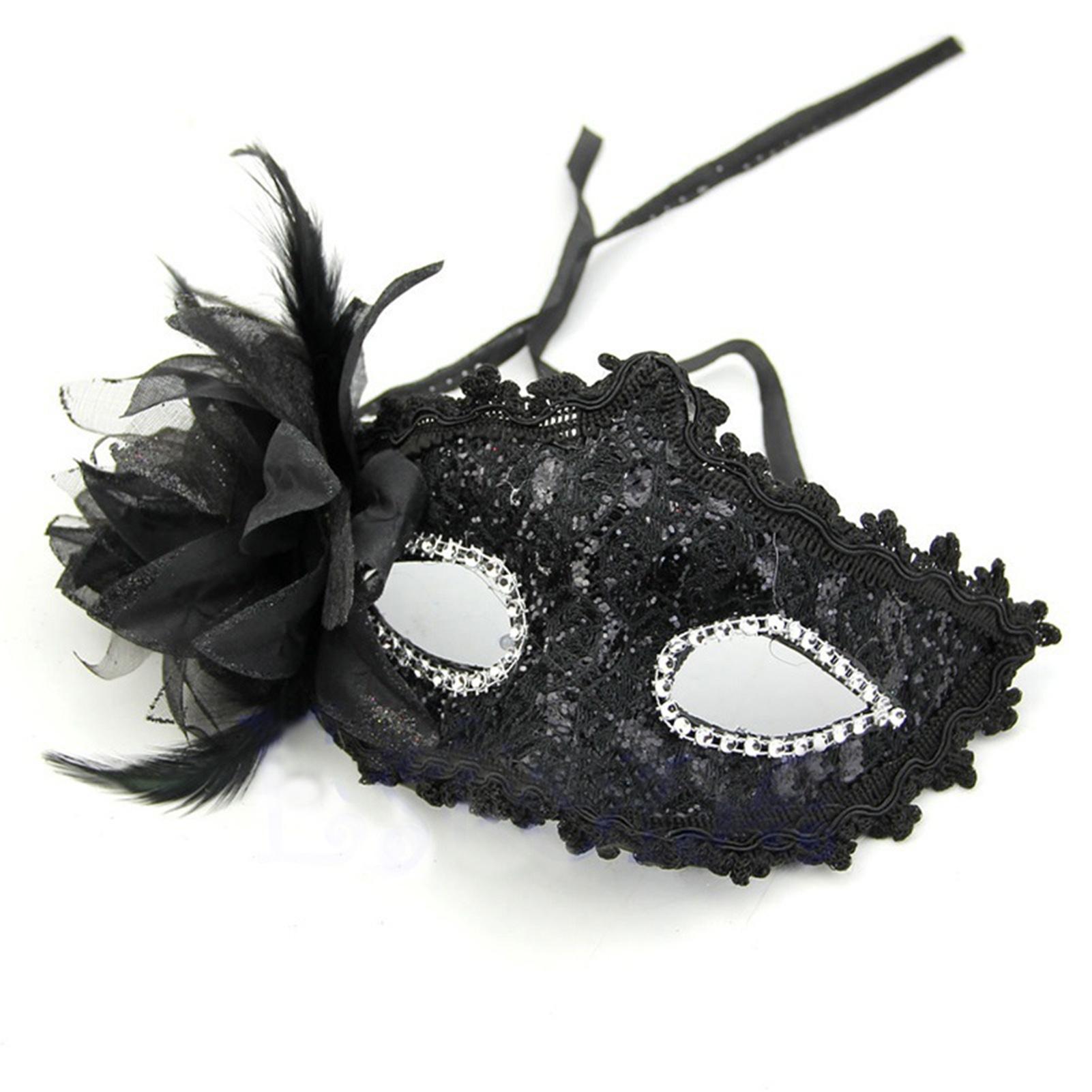 Feather Rhinestones Masquerade Mask Lace Flower Half Face Sexy Feather Flower  For Couple Masquerade Ball Party Game чёрный