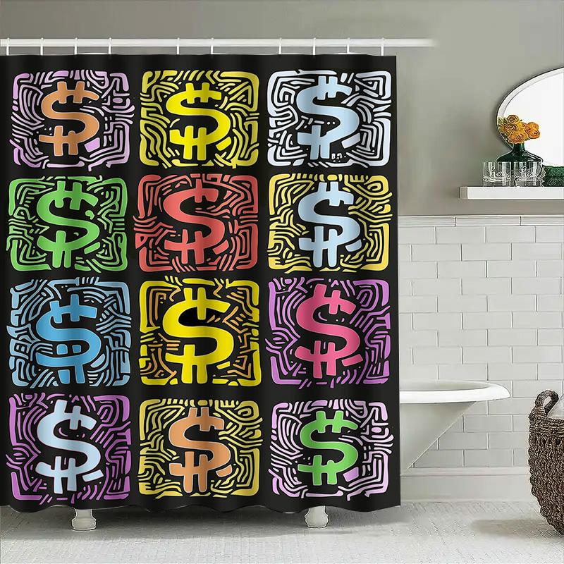 Colorful Shower Curtain With Tiled Design Black Background Pink Purple Green Yellow Blue Red White Orange Lines And Symbols Home