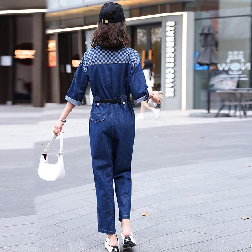 Denim Tooling Jumpsuit Women's Spring and Autumn New Splicing Plaid Design Sense Fashion Popular Jumpsuit