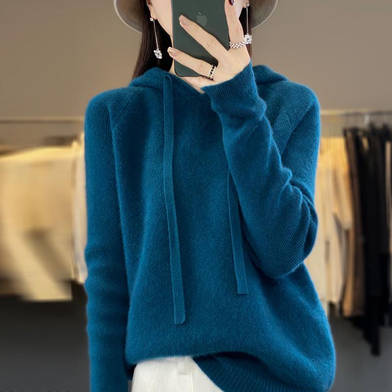 Autumn and winter pure wool sweater women's pure wool knitted hooded sweater pullover cashmere sweater fine wool