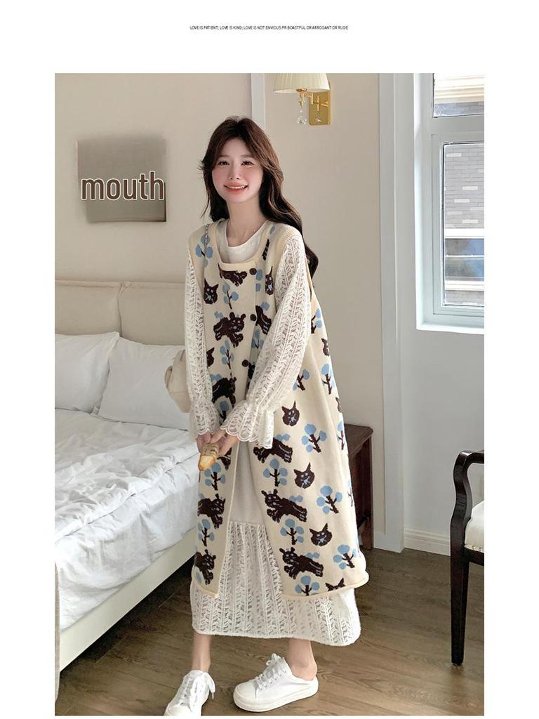 2025 Trendy French Printed Vest & Hollow Long Skirt Set: Sweet, Gentle Two-Piece Dress Suit