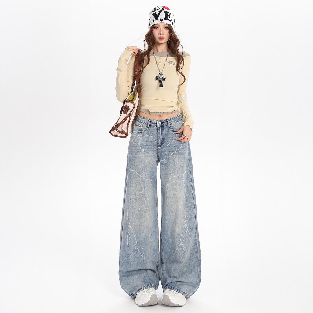 American retro lightning printing jeans women's autumn new trendy brand versatile personality wide-leg straight pants