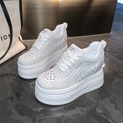 Fashion 10CM Wedge Heels Sneakers New Autumn Women Bling Crystal Skateboard Shoes Breathable Leather High Platform Vulcanize White Shoes