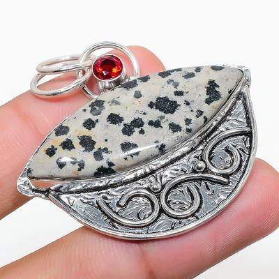 Natural Dalmation Jasper, Garnet Gemstone 925 Sterling Silver Pendant 1.81" r8A26