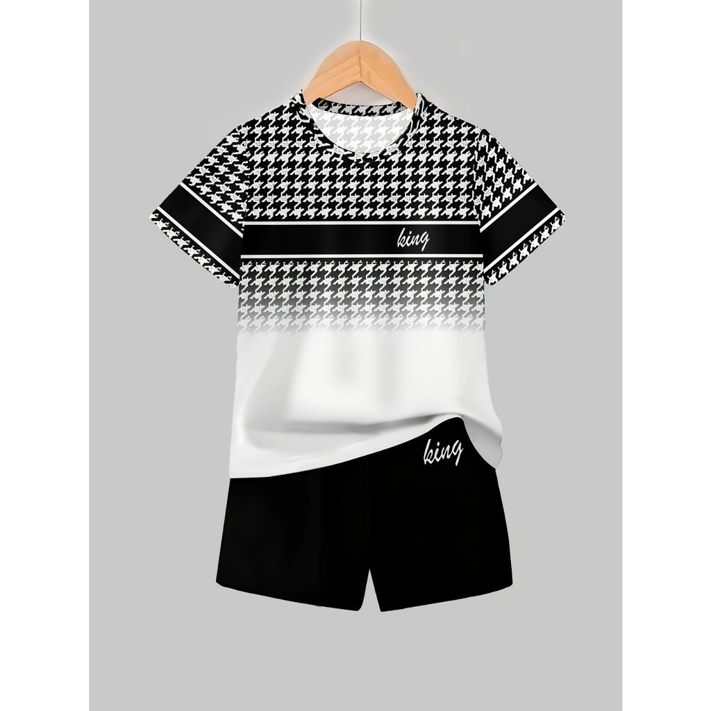 Boys' Set of Fashionable 3D Printed Casual Pullover, Short Sleeved Shorts, T Sports Shirt, Boys' Outdoor T-shirt Shorts Set