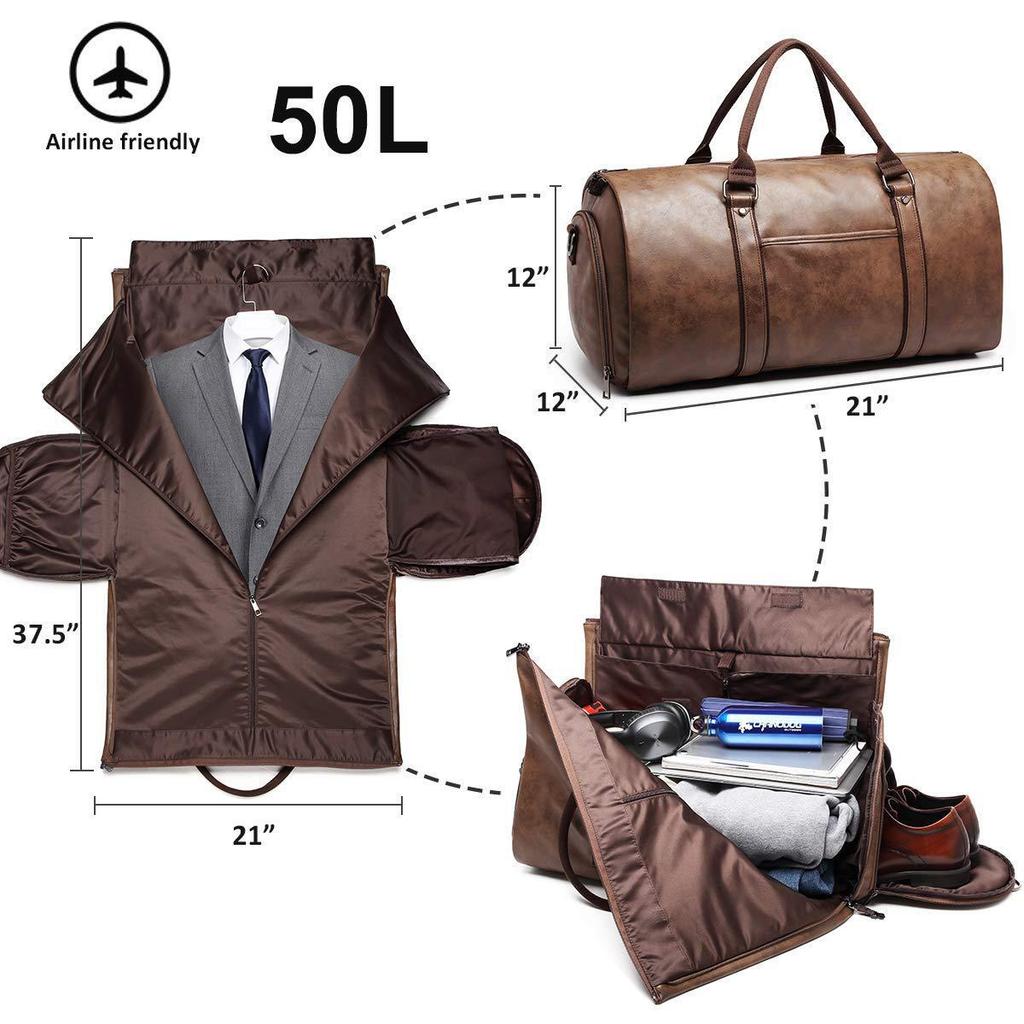 Convertible Men's Leather Travel Suit Bag - In-Stock Leather Garment Bag for Clothes and Luggage